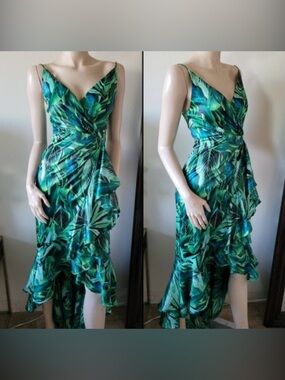 AKIRA Green Tropical Leaf High-Low Wrap Dress